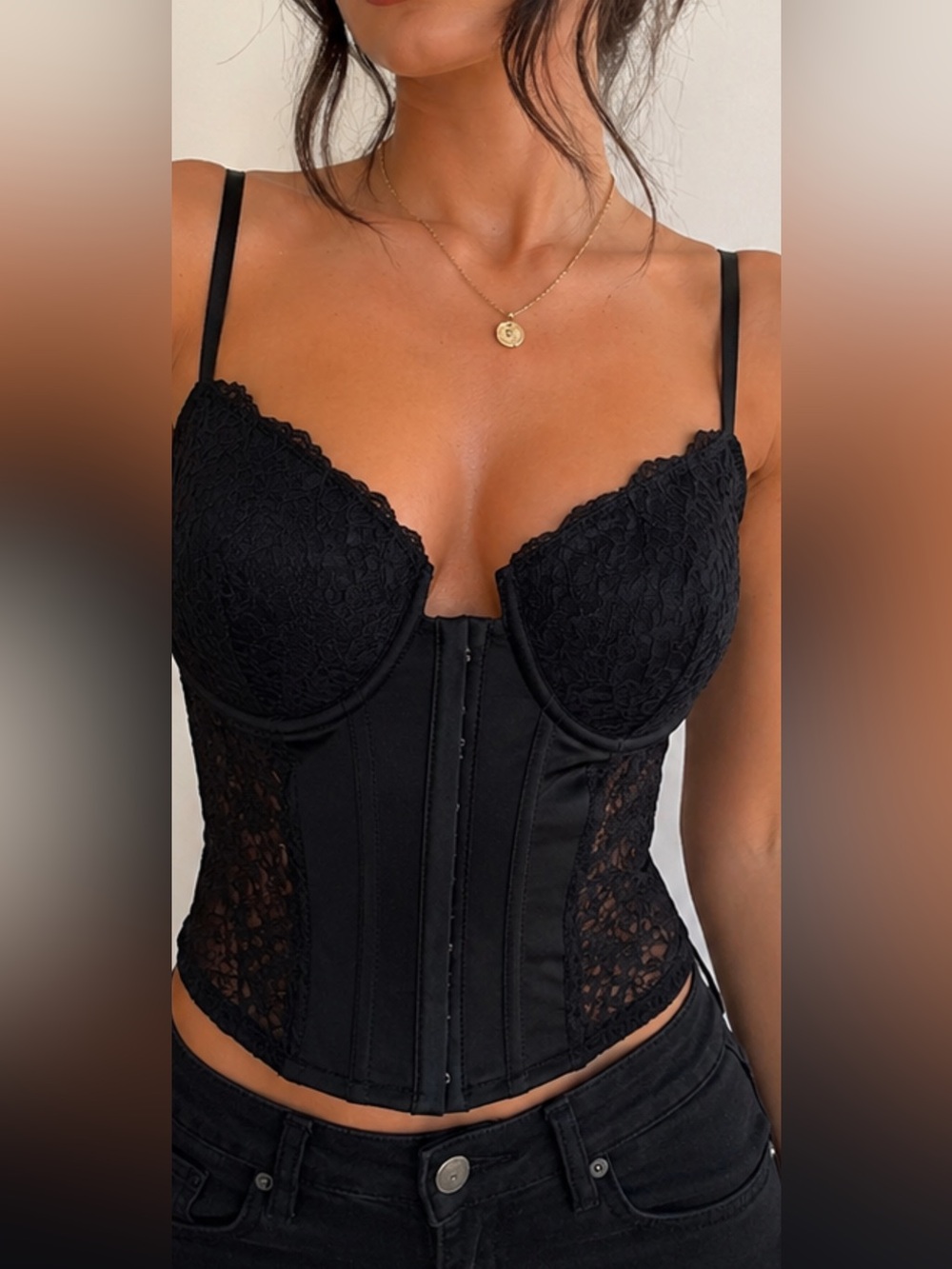 Black Lace Corset Bustier Boned Push Up Lace Up Back Adjustable Top S